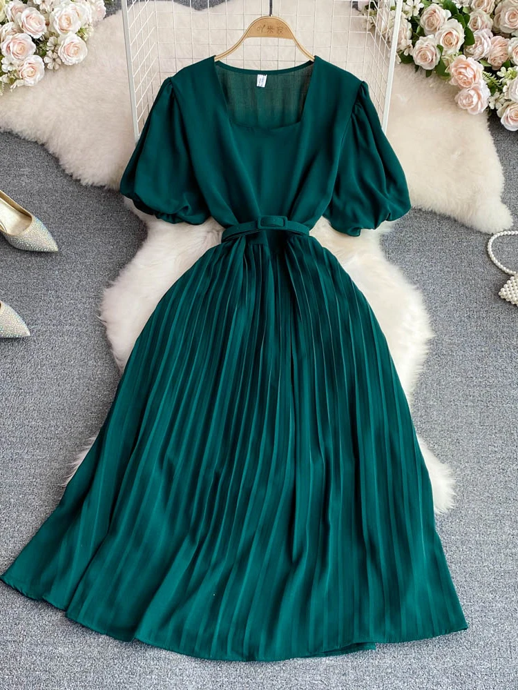 

Summer Women Pleated Dress Vintage Square Collar Puff Short Sleeve High Waist A-Line Draped Casual Vestidos Elegant New Fashion