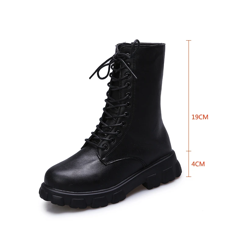 2022 NEW Women Motorcycle Boots Wedges Flat Shoes Woman High Heel Platform PU Leather Boots Lace Up Shoes Black Boots Girls
