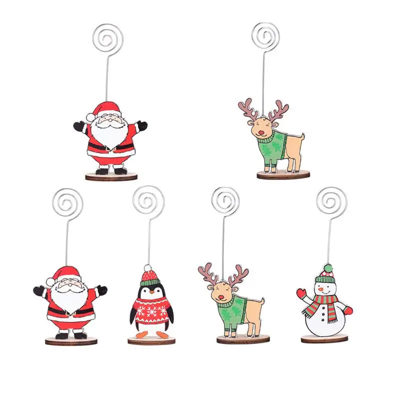 

6pcs Christmas Wooden Photo Clips Holder Table Xmascard Wire Decorations Picture Signs Message Note Wooden Memo Tag Name Stand