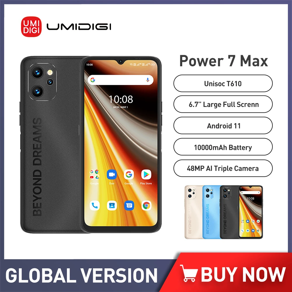 UMIDIGI Power 7 Max 6 дюймов Android 11 мобильные телефоны Unisoc T610 ГБ 128 смартфон 10000 мАч