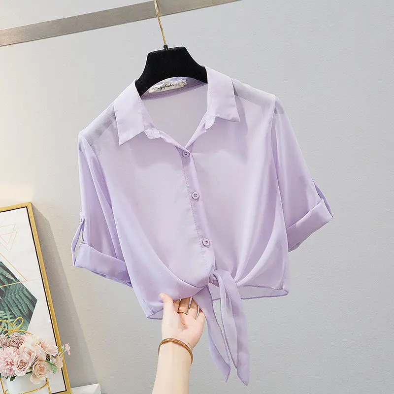 

Women 2022 Summer New Thin Chiffon Sunscreen Shirts Female Solid Color Slim Blouses Ladies Short Air-conditioned Shirts Q87