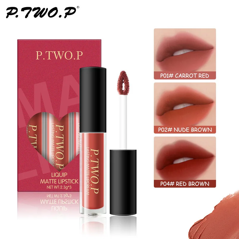 

P.TWO.P 3Pcs/set Matte Lip Tint Set Long Wearing Waterproof Lipstick Kit Highly Pigmented Lip Makeup