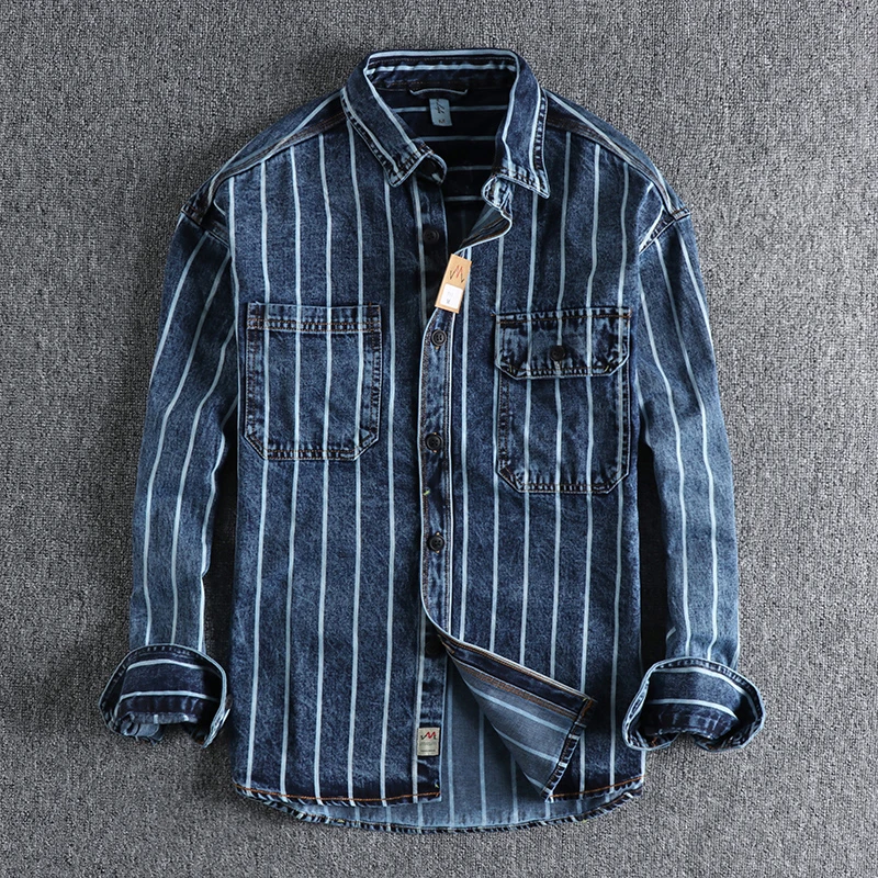 Autumn new custom woven striped washed used denim shirt men's work style American retro trend youth shirt
