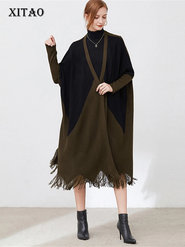 

XITAO Tassel Dress Fashion Mesh Knitted Full Sleeve Goddess Fan 2022 Autumn Minority Pleated Irregular Dress Top WLD9085