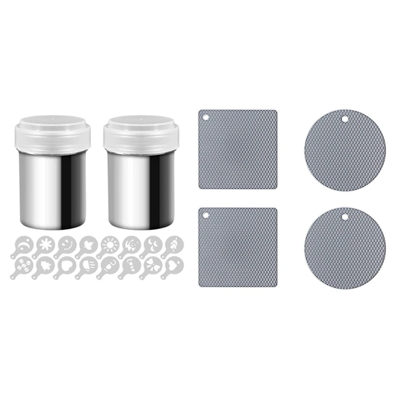 

2 Pcs Stainless Steel Powder Shaker Coffee and Cocoa Powder with Lid & 4 Pcs Extra Thick Silicone Trivet Mats Gray