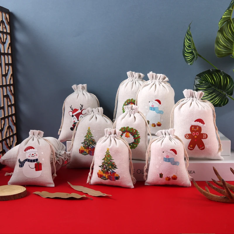 

5pcs/Lot Christmas Theme Gift Ornament Packing Jewelry Cotton Pouch Eco-Friendly Drawstring Bags for Storing Objects