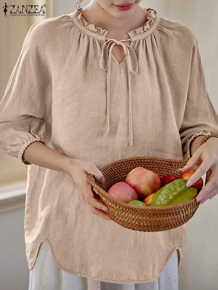 

Vintage Solid Blouse ZANZEA Autumn Women Long Sleeve Tops Fashion Lace Up Holiday Shirt Causal Loose Cotton Chemise Work Blusas