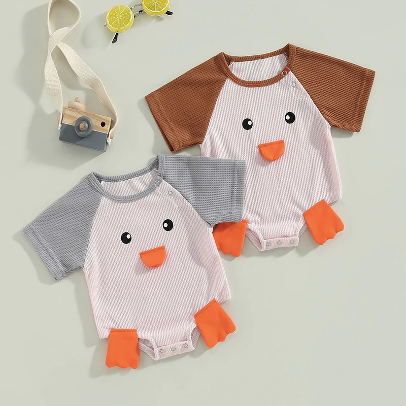 

2023-05-24 Lioraitiin 0-18M Baby Boy Girl Waffle Bodysuit Short Sleeve Crew Neck Contrast Color Cartoon Duck Jumpsuits Clothes