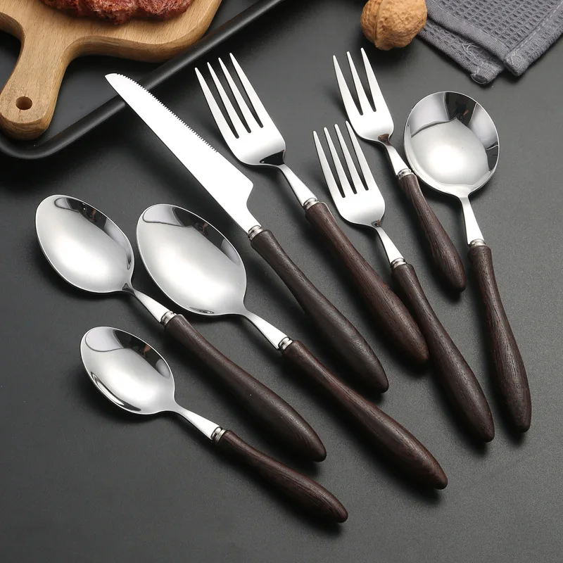 

Stainless Steel Cutlery Set Japanese-style Wooden Handle Steak Knife Dessert Fruit Fork Tea Spoon Tableware Kitchen Utensils