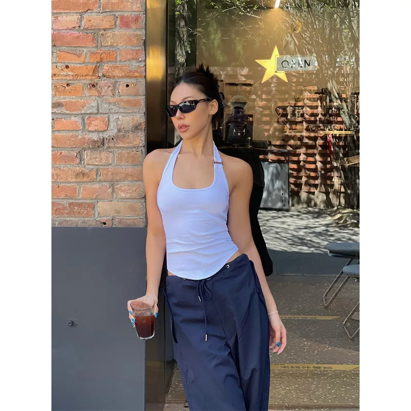 VanessaLab летняя облегающая белая сексуальная футболка с подвесным воротником