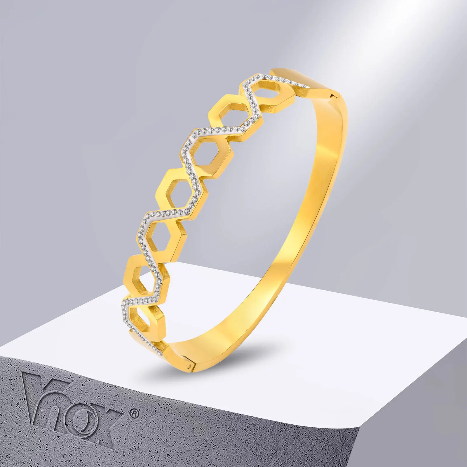 

Vnox Geometric Women Cuff Bracelets, AAA CZ Stone Hexagon Row Bangles, Minimalist Chic Lady Jewelry
