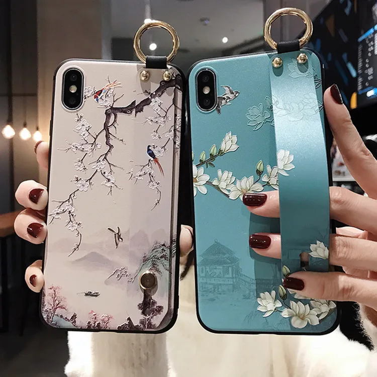 

Vintage Floral Painted Relief Wristband Phone Case for IPhone 11 12 13 Pro X Xr Xs Max 7 8 Plus Wrist Strap Holder Back Cover