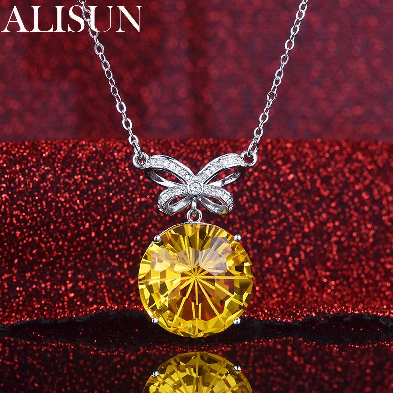 

ALISUN 925 Sterling Silver Natural Firework Cut Bow Yellow Diamond Necklace For Woman Charm Wedding Jewelry