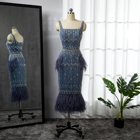 Serene Hill Luxury Crystal Feathers Dubai Evening Dresses for Women Wedding Elegant Blue Lace Midi Arabic Party Gown LA71492A