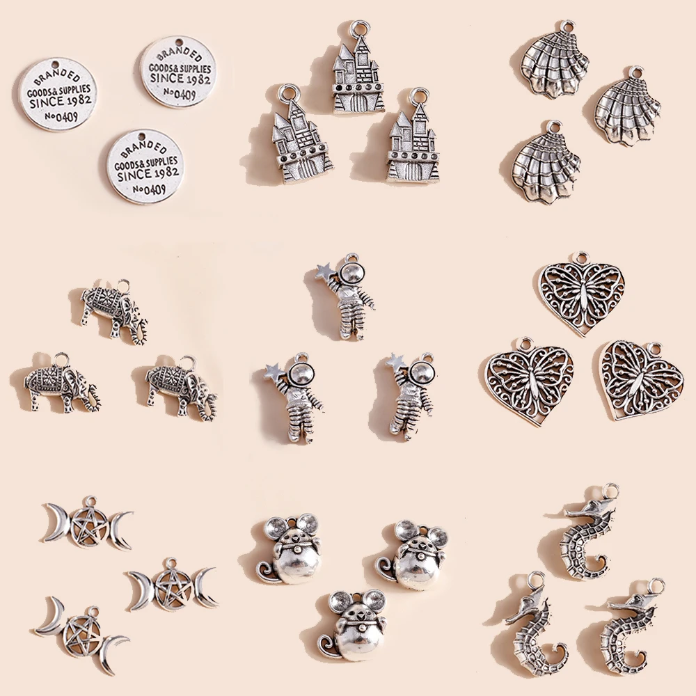 

15pcs Cute Alloy Butterfly Mouse Elephant Hippocampus Charms Astronaut Castle Pendants for DIY Jewelry Making