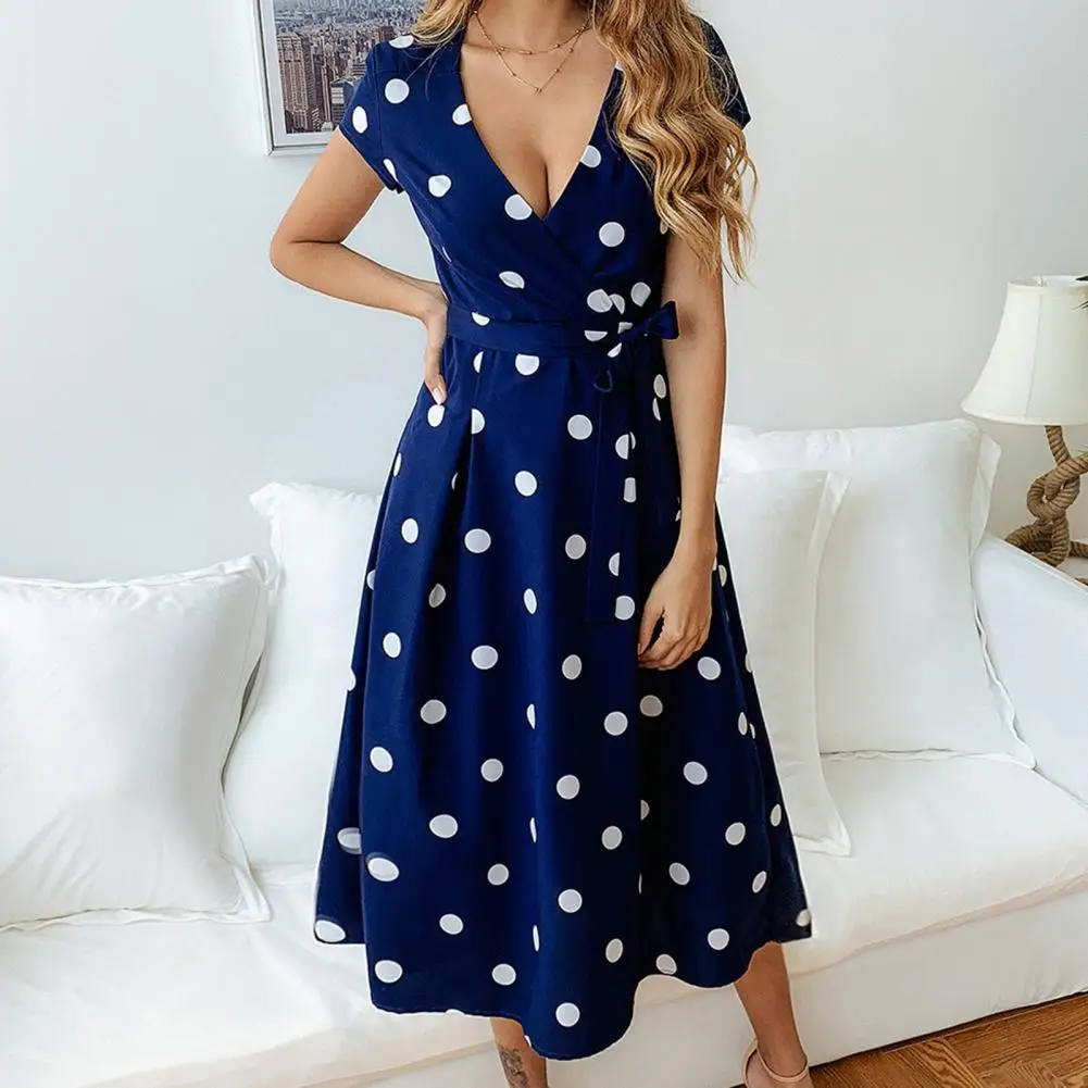 

Dot Print Large Hem Women Slim Dress V-neck Short Sleeve Waist Lace-up Swing Dress TrendyHigh-Waist Midi Dress for Vacation