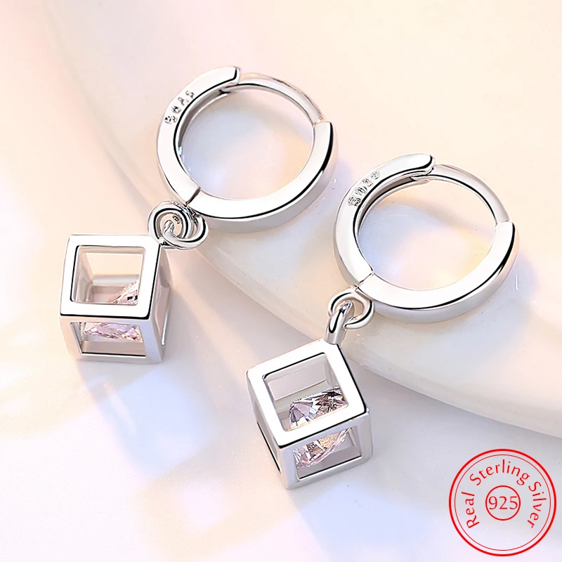 

925 Sterling Silver Fashion Jewelry Crystal Hollow Square Box Drop Earrings For Woman New XY0008
