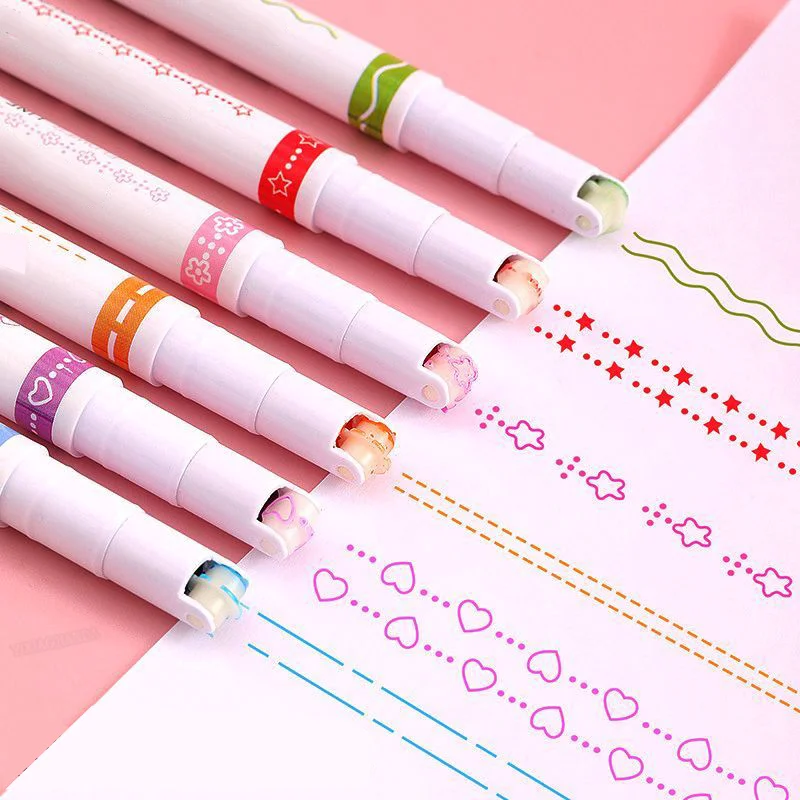 6/3pcs Curve Pens Highlighter Kawaii Flowers Line Shaped Highlighter Roller Tip Lace Roller Pen Marker for Writing Drawing
