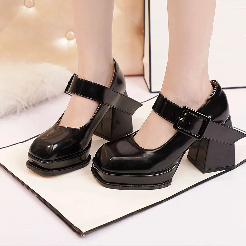 

Women Pumps Square Toe Chunky Heel Button Fashion High Heels Petant Leather Black Mary Jane Platform heels Harajuku Punk shoes