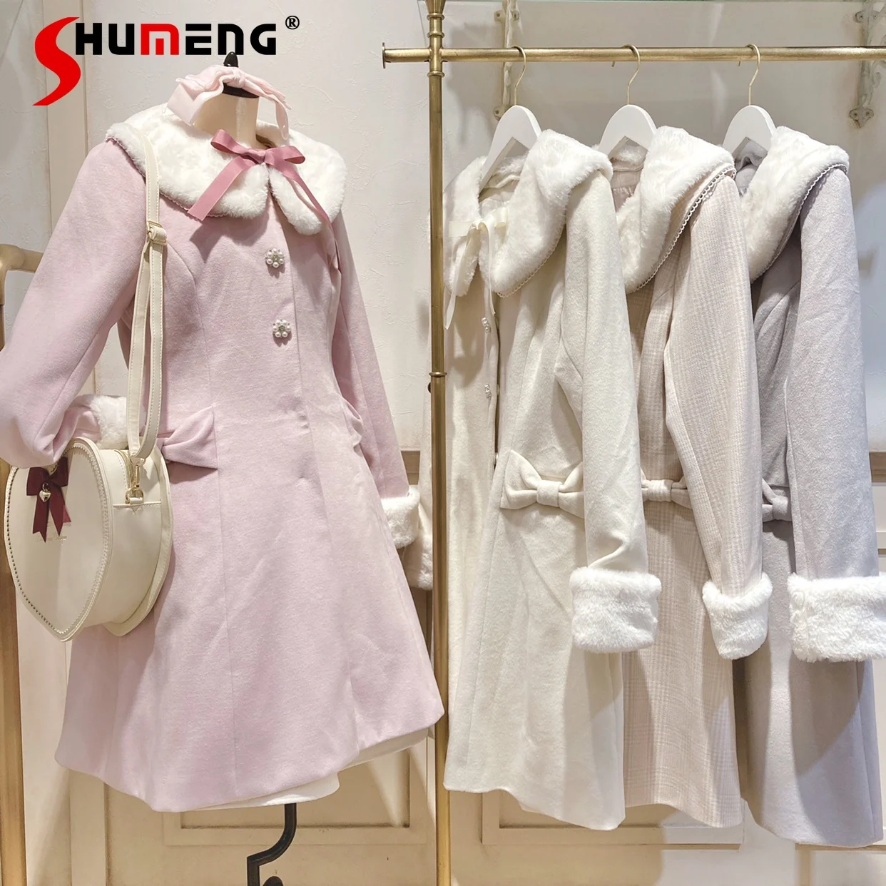 

Detachable Collar Bow Waist Tight Coat Autumn and Winter New Long Sleeve Single-Breasted Woolen Coat Women's Mid-Length Clothes