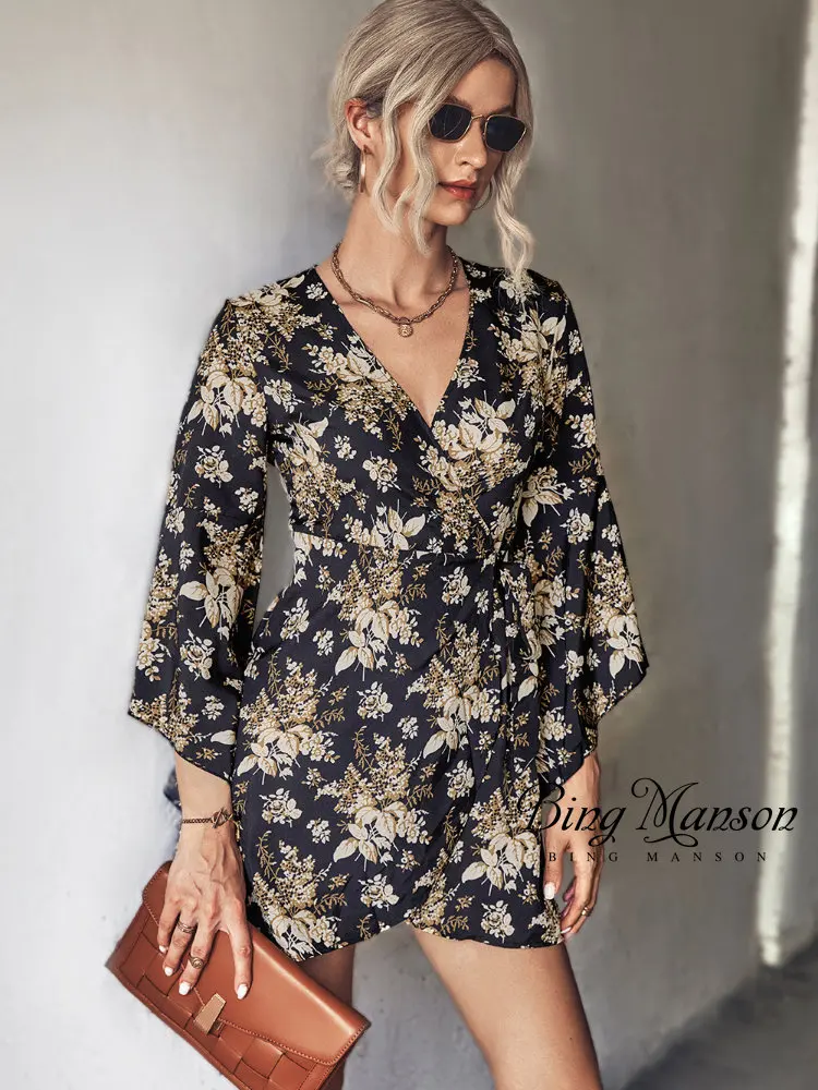 Купи 2022 Women's Dresses Summer Sexy V Neck Floral Print Boho Beach Dress Ruffle Long Sleeve A Line Mini Dress Wrap Sun Dress Robe за 874 рублей в магазине AliExpress