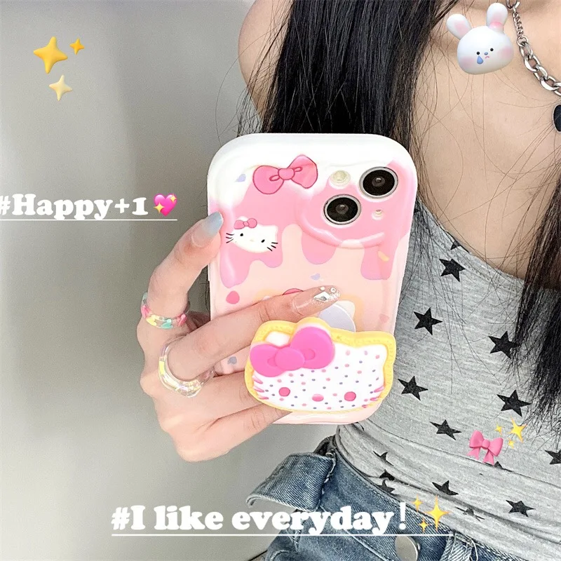 Чехол Hello Kitty Grip Tok Holder 3D Wave Bracket для iPhone 16 15 14 13 12 11 Pro Max Mini X XR XSMAX 8 7 6S Plus Мягкий