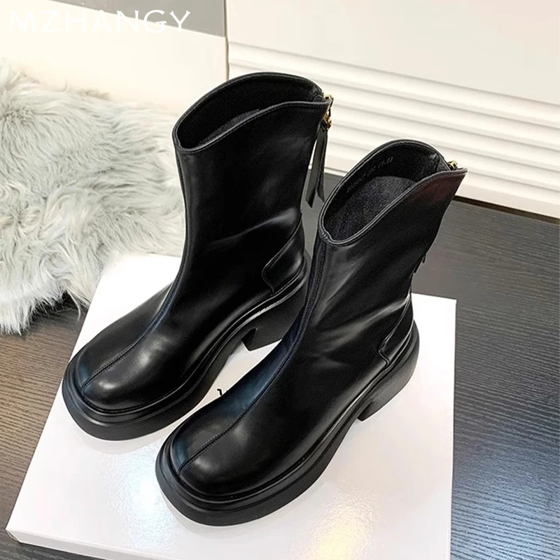 Кожаные женские ботильоны на платформе обувь высоком каблуке женская трендовая