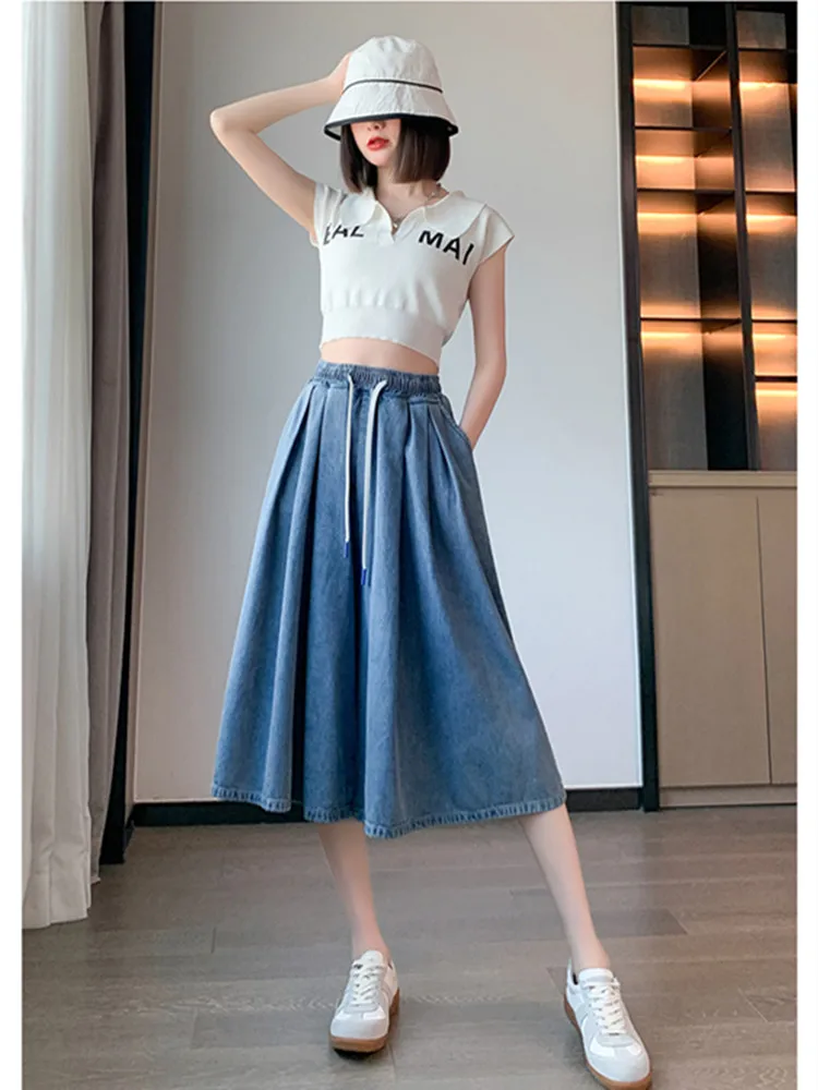 

Женские джинсовые брюки до колен, широкие брюки большого размера с эластичным поясом и высокой талией, лето 2023