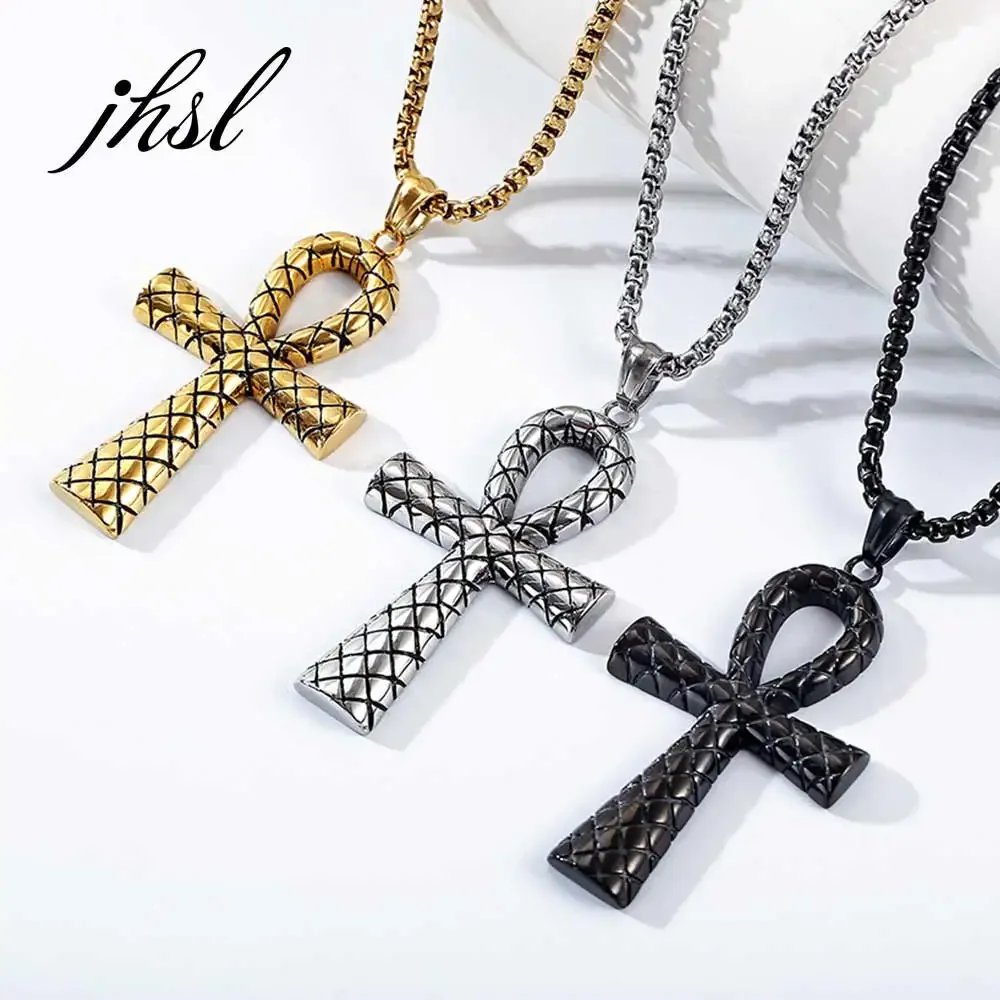 

JHSL Male Men Egyptian Ankh Crux Ansata Cross Necklace Pendant Big Fashion Christian Jewelry Box Chain Stainless Steel