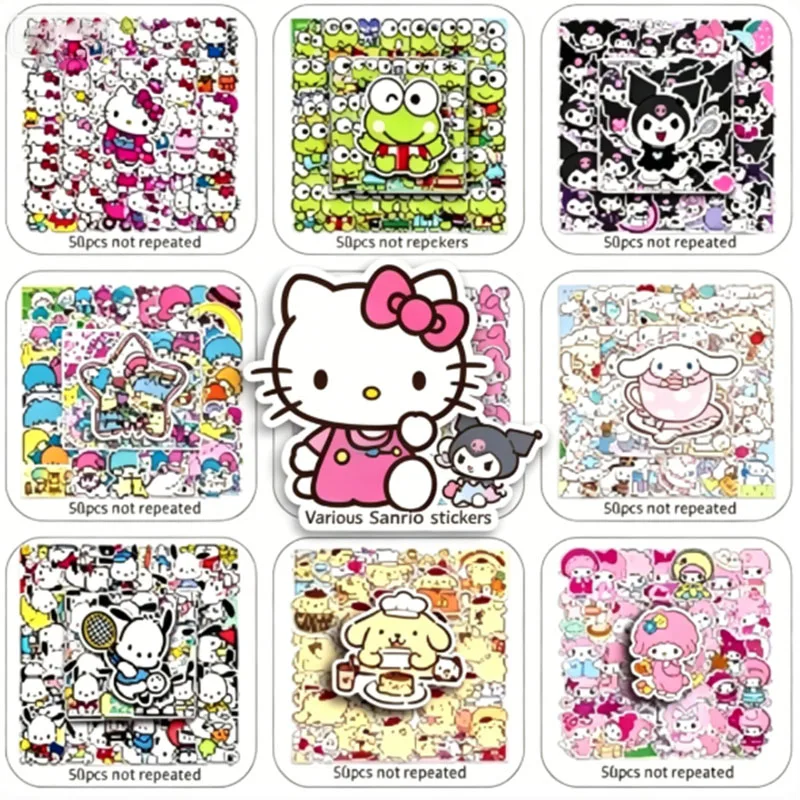 Фото 50 шт. разнообразных водонепроницаемых наклеек Sanrio с мультяшными персонажами для декора телефонов, ноутбуков, iPad, очков, чехлов, багажа, термосов №1