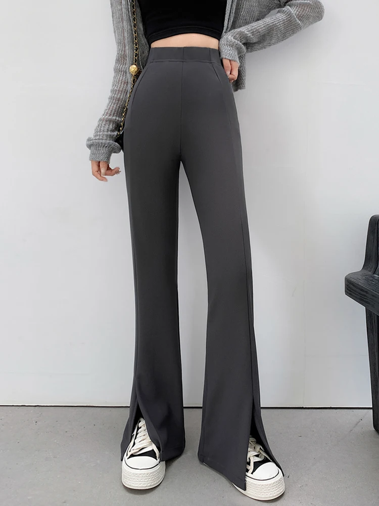 

Women Autumn New High Waist Solid Hem Split Casual Black Gray Coffee Elastic Flare Pants Slim Fit Pants Female Trousers Women