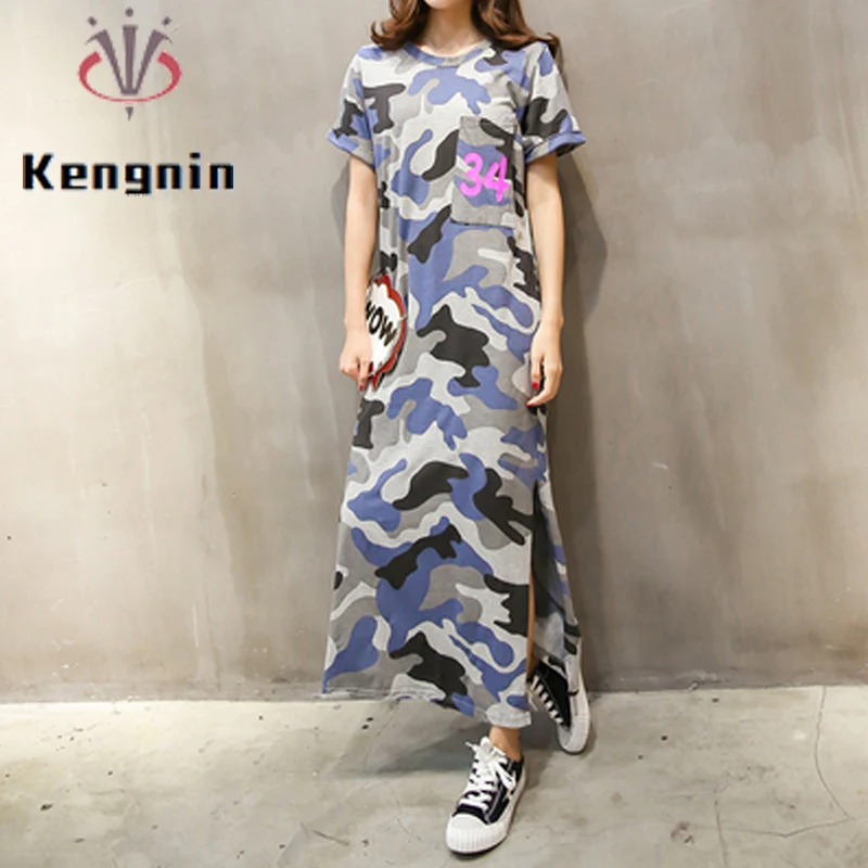 

New 2022 Spring Summer Women Dress Mid-Long Plus Size Camouflage Print Ladies T-Shirts Dress Casual Female Robe Clothing KE2355