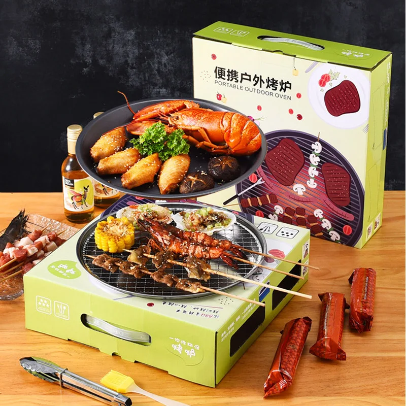 

Outdoor Disposable Grill Smokeless Apple Charcoal Portable Grill for Picnic with Plate clamps and oil brush