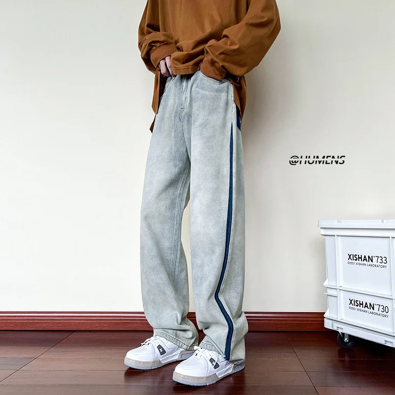 

Брюки мужские джинсовые контрастные, модные штаны в американском стиле, на молнии, повседневные в стиле хип-хоп, Y2k, весна