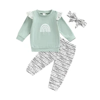 baby girls three pieces clothes outfit round neck fly long sleeve rainbow printed sweatshirt striped pants headband set