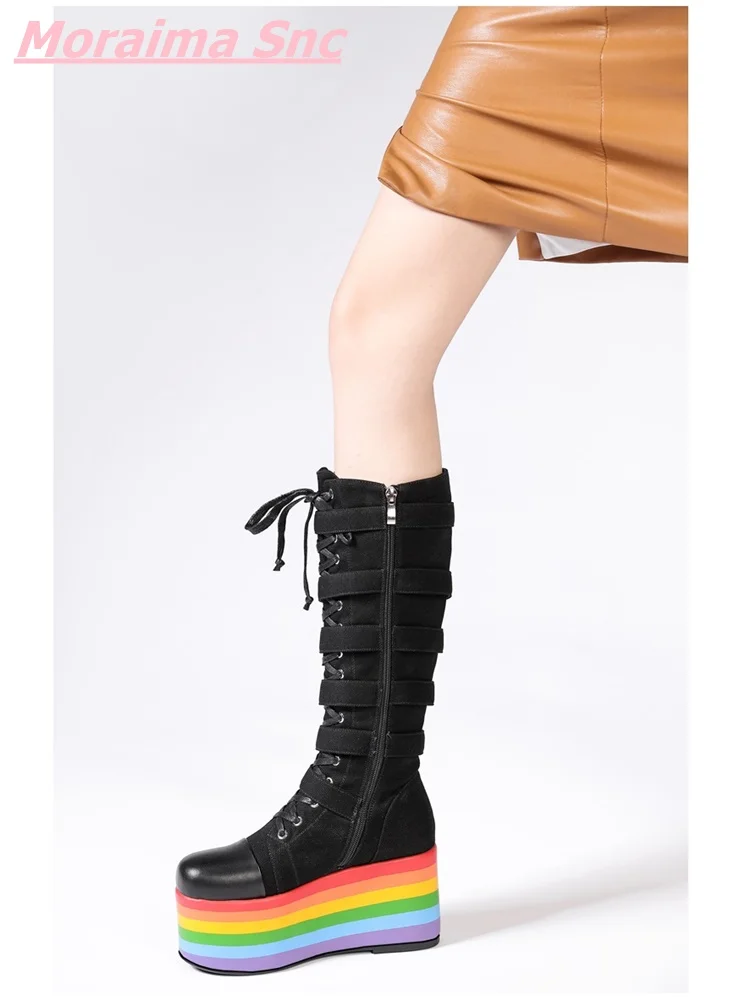 New Colorful Platform Martin Boots High-heeled Breathable Genuine Leather Lace-up Adjustable Women Shoes Comfortable Stress 2022