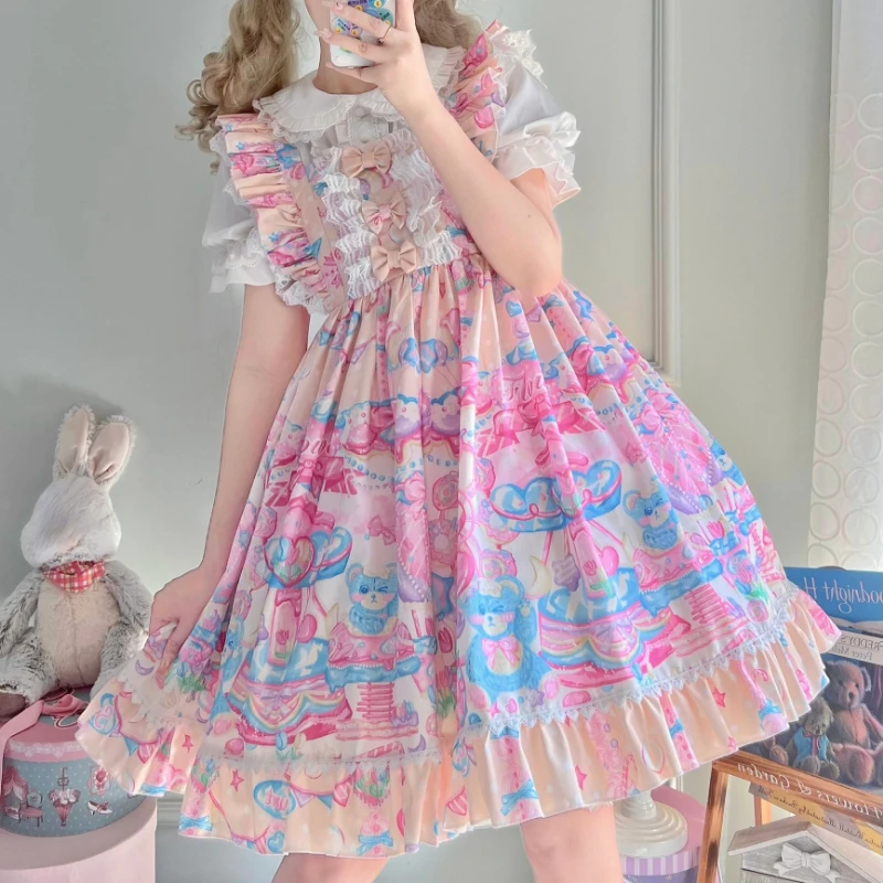 

Sweet Lolita Jsk Dress Women Dreamland Cartoon Bear Lace Bow Sleeveless Straps Dresses Girls Kawaii Princess Party Mini Vestidos
