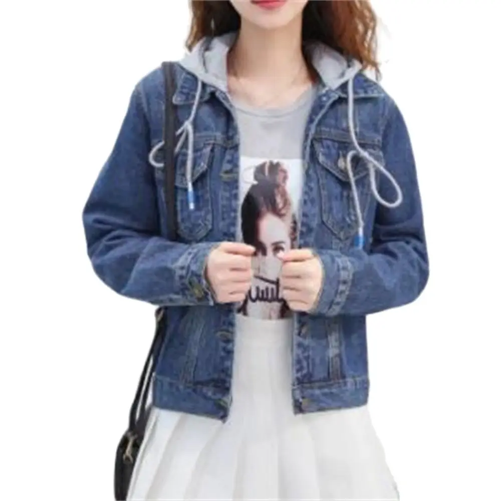 

Short Jean Jacket Women Collar Girl Boyfriend Denim Jacket Chest Pocket Slant Chic Style Removable Hooded Jeans Coats Outerwear