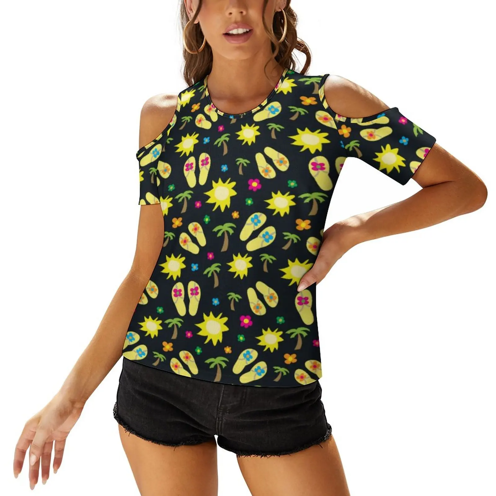 

Vacation Palm T Shirts Summer Time Flip Flops Basic T Shirt Short Sleeve Short-Sleeve Print Tee Shirt Kawaii Female Oversize Top