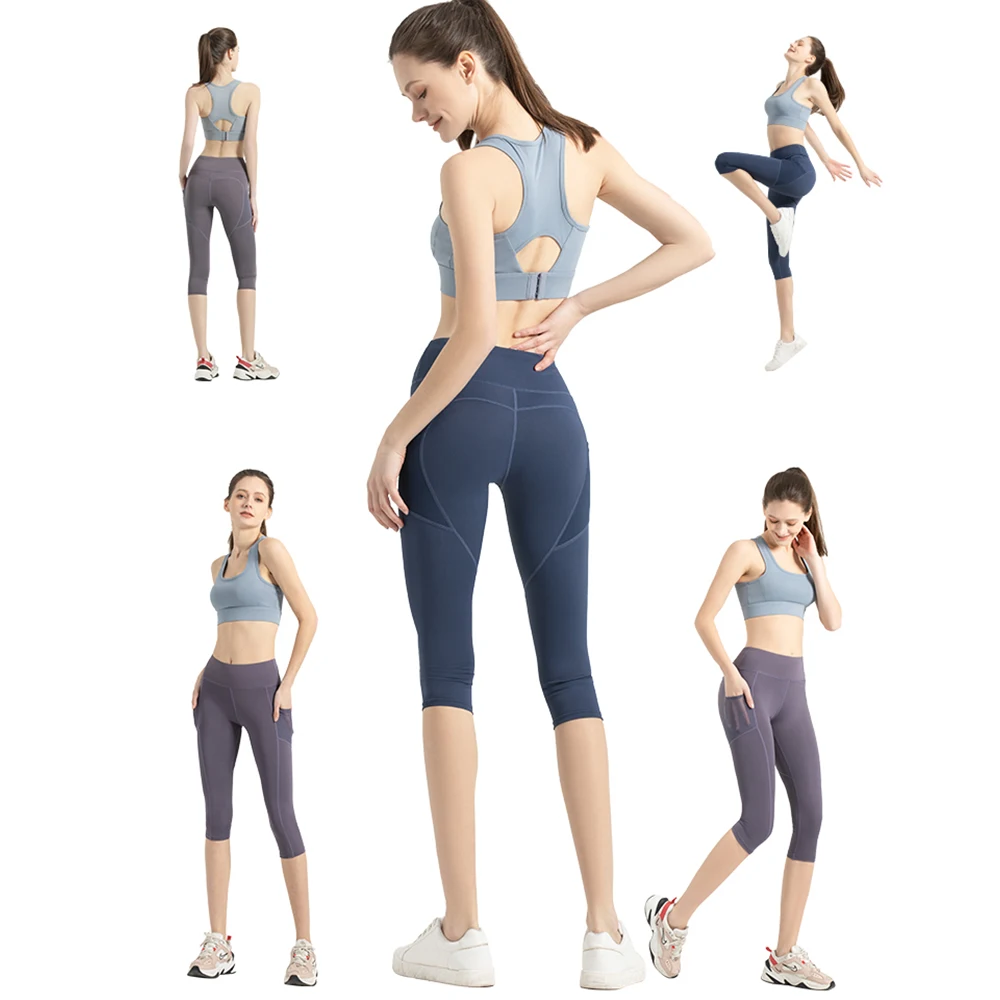 Ohyoga New Casual Women's 3/4 Yoga Pants Gym Fitness Sports Cropped Leggings Pocket Push Up Slim Pants Female Solid Color