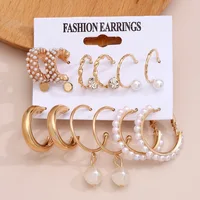 Earrings exaggerated C-shaped temperament pearl pendant earrings triangular diamond 9-piece set