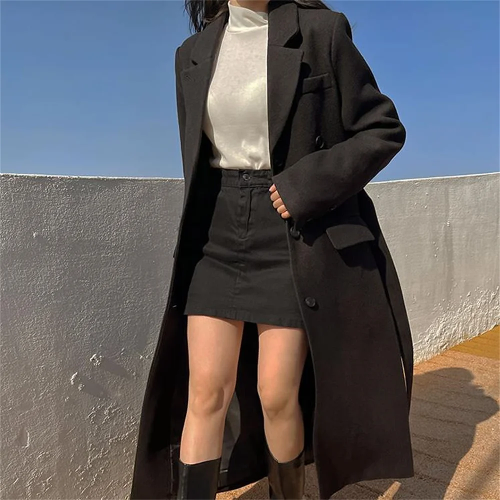 

Длинное женское пальто выше колена, зимнее плотное шерстяное пальто с поясом на щиколотке, женские пальто