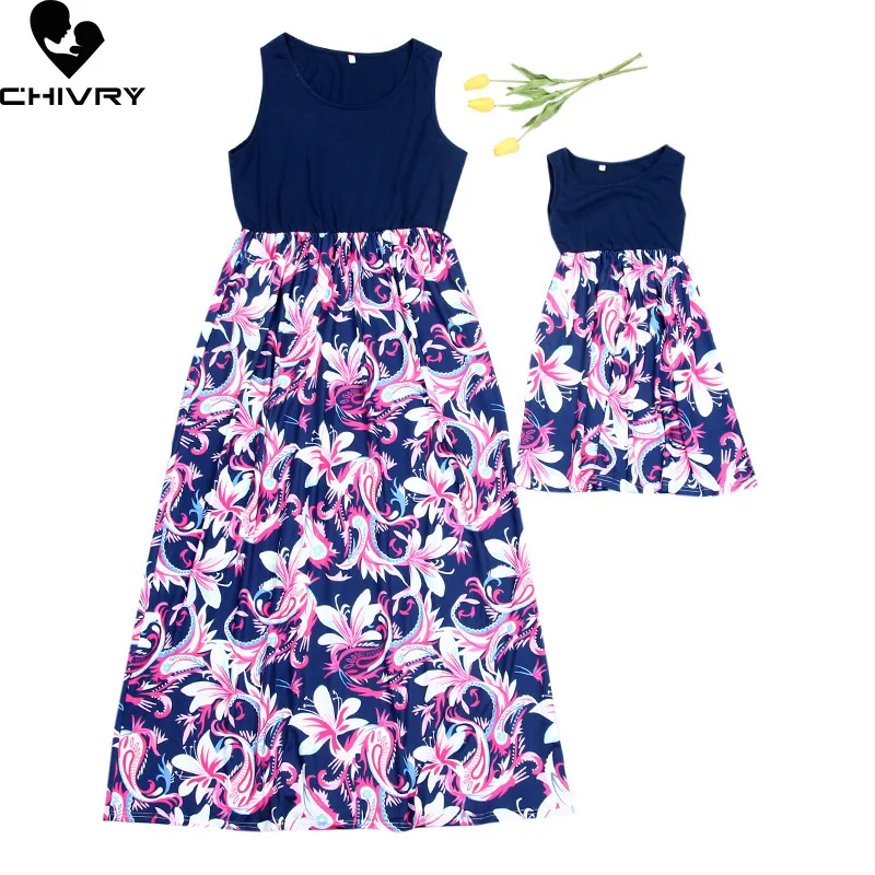 

New 2022 Mother Daughter Summer Dresses Sleeveless Flower Patchwork Sundress Mom Mommy and Me Maxi Dress Family Matching Outfits