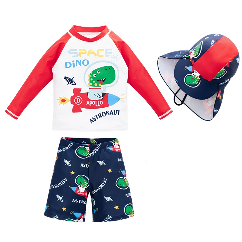 

Three-piece Baby Swimming Suit Children's Swimsuit Boys Long Sleeve Sun Protection Children's Cartoon Cute Primary Bathing Suits
