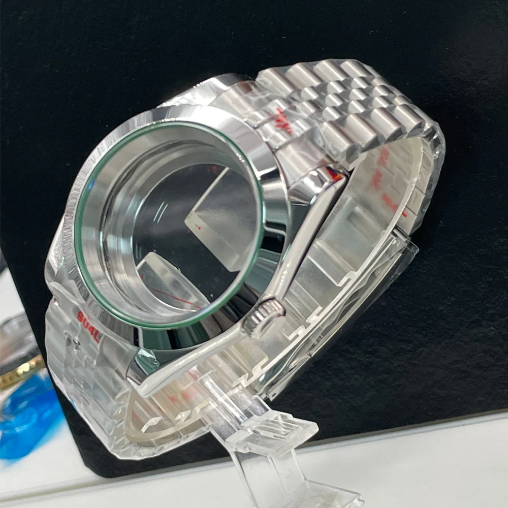 39mm Watch Case Set for Seiko NH35A NH36A Movement Jubilee Bracelet Glass Back Flat Sapphire Glass Green Edge Polish Bezel Ring