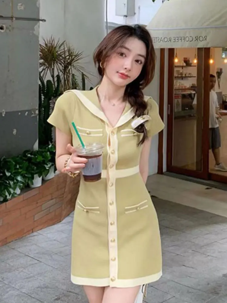 

Платье женское трикотажное Облегающее, мини-платье на пуговицах, дизайнерская вечерняя одежда контрастной расцветки, милая французская од...