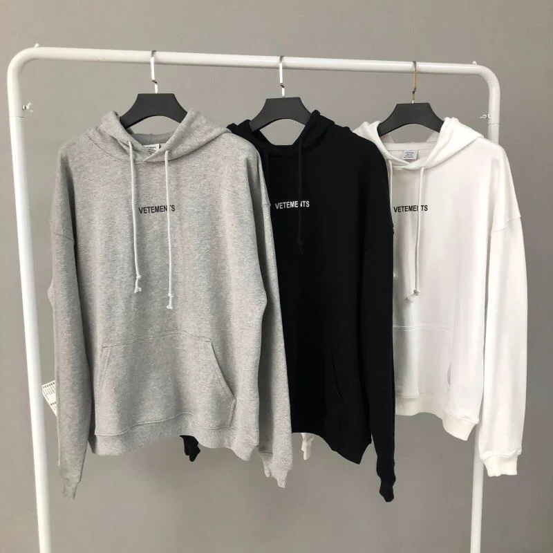 

Oversize VETEMENTS Grey Written Logo Hoodie Men Women Vetements Sweatshirts Hood Textile Logo Patch VTM Hoodies Black Letters