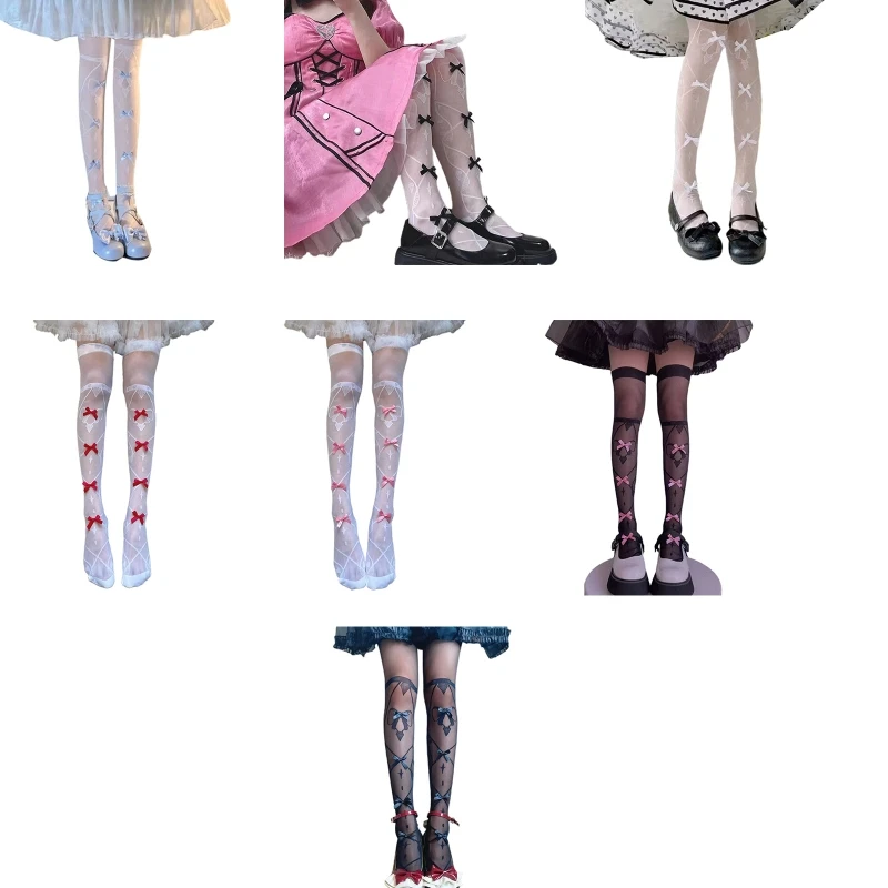 

2023 New Women Japanese Gothic Thigh High Stockings Sweet 3D Bowknot Fake Diamond Star Patterned Tattoo Over Knee Long