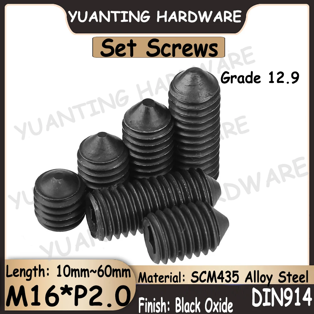 

1Piece-5Pcs DIN914 M16x10mm-60mm Grade 12.9 Alloy Steel Hexagon Socket Set Screws With Cone Point Headless Screws Grub Screws
