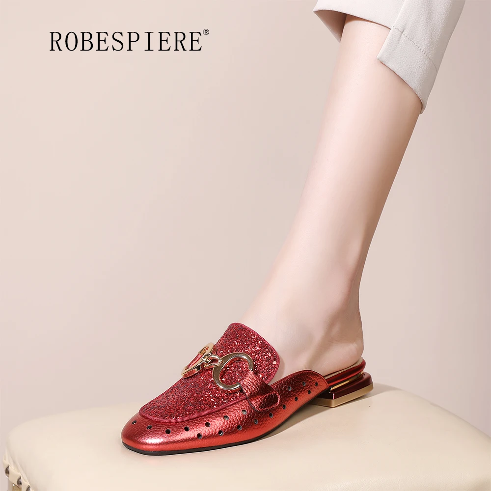 

ROBESPIERE-Color-blocking Explosion-proof Slippers 2022 Summer New Hollow Baotou Semi-slipper Sequins Pierced Holes-A267